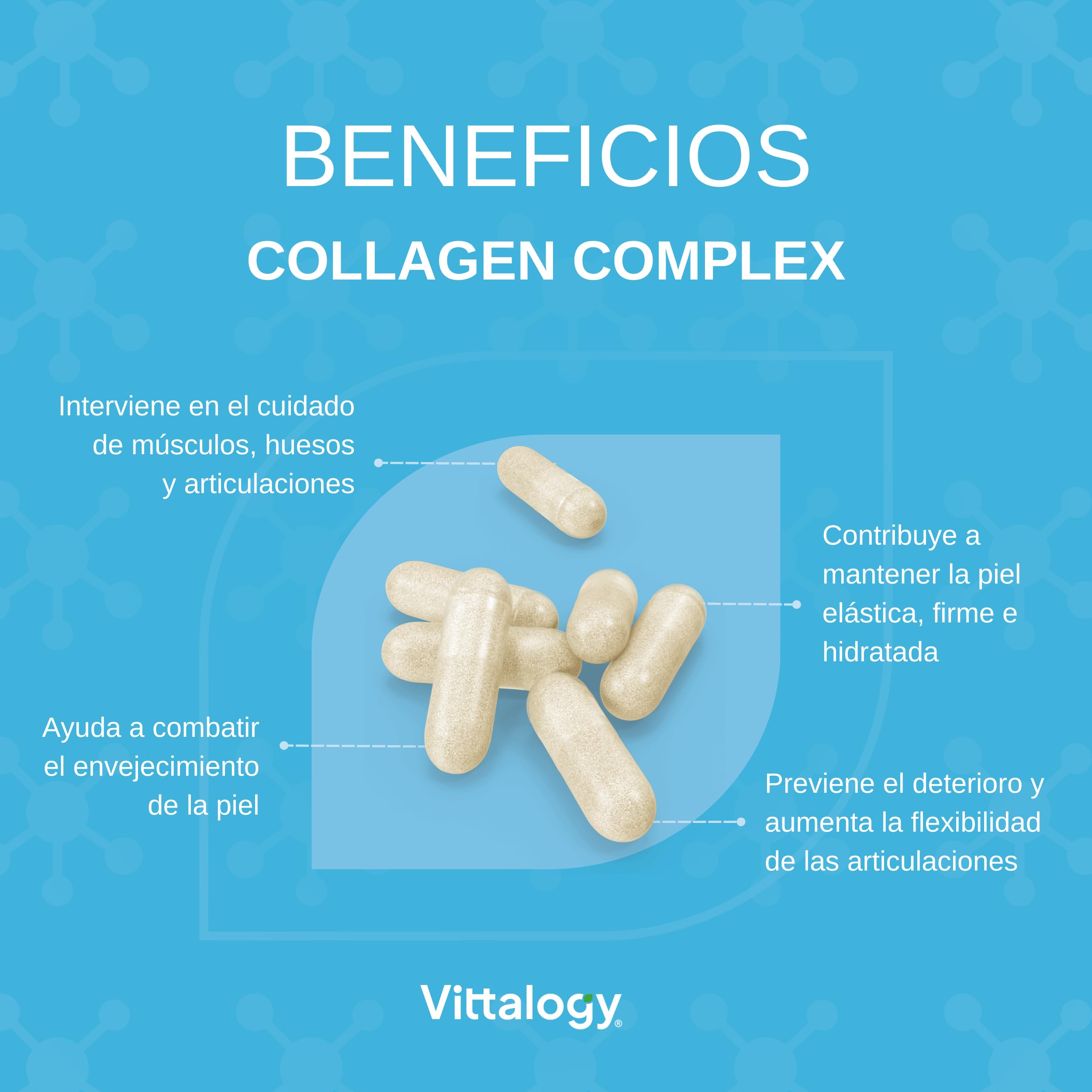 Collagen Complex Suplemento Natural de Colágeno Hidrolizado Marino con Ácido Hialurónico, Magnesio, Coenzima Q10 y Vitaminas A, B12, C y D. Colágeno para Articulaciones y Piel. 360 Cápsulas