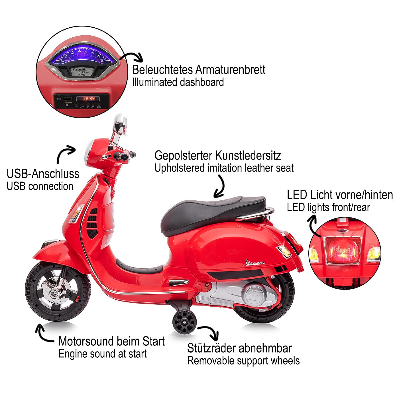JAMARA 461837 Ride-on Vespa GTS 125 Li-Power Voiture électrique pour Enfants à partir de 3 Ans, idée Cadeau pour garçons et Filles, Roues stabilisatrices, lumière LED