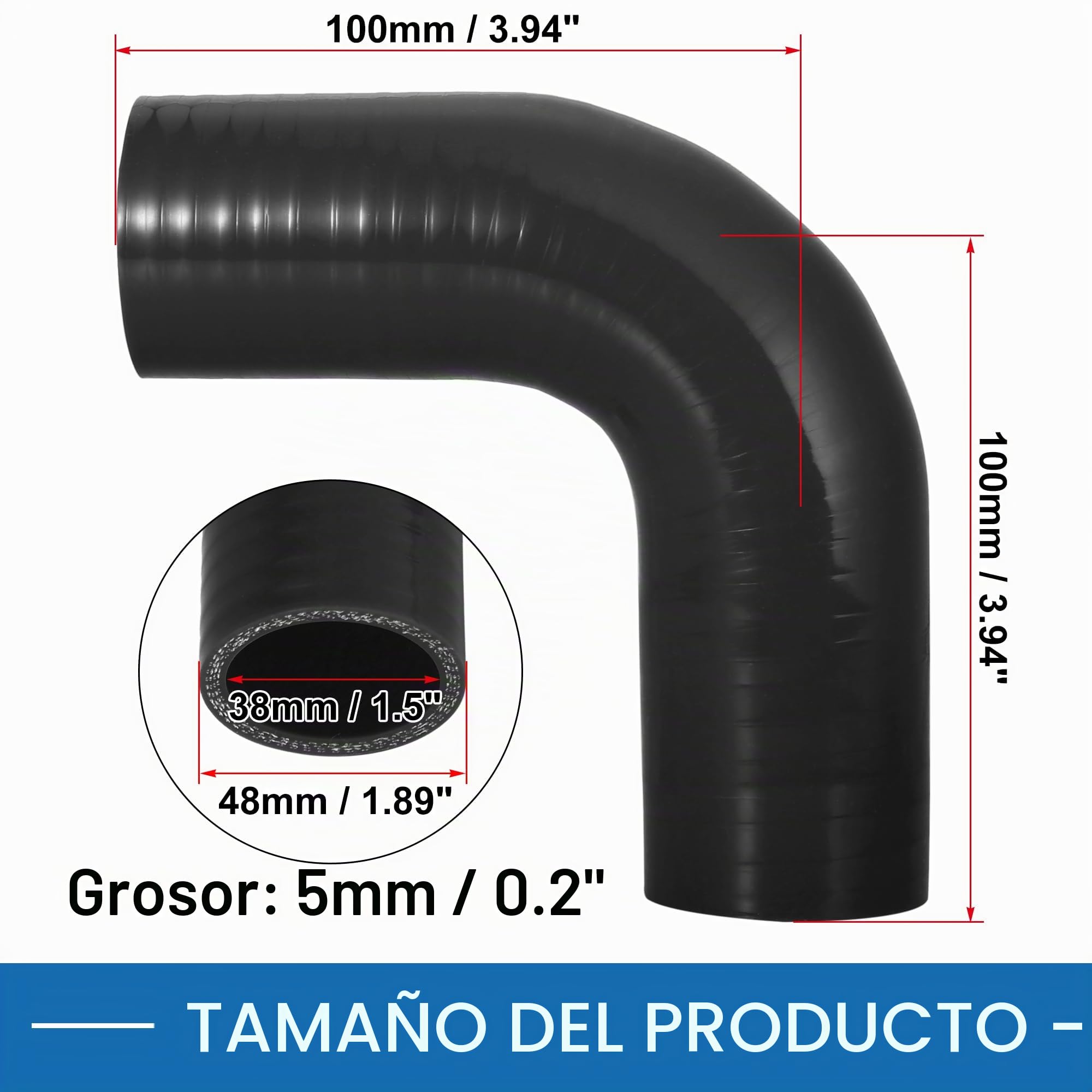 A ABSOPRO Manguera Rojouctora De Silicona En Codo De 90 Grados I.D. De 38mm, Acoplador De Manguera De Silicona, Tubo De Intercooler Para Automóvil, Tubo De Admisión De Intercooler Negro