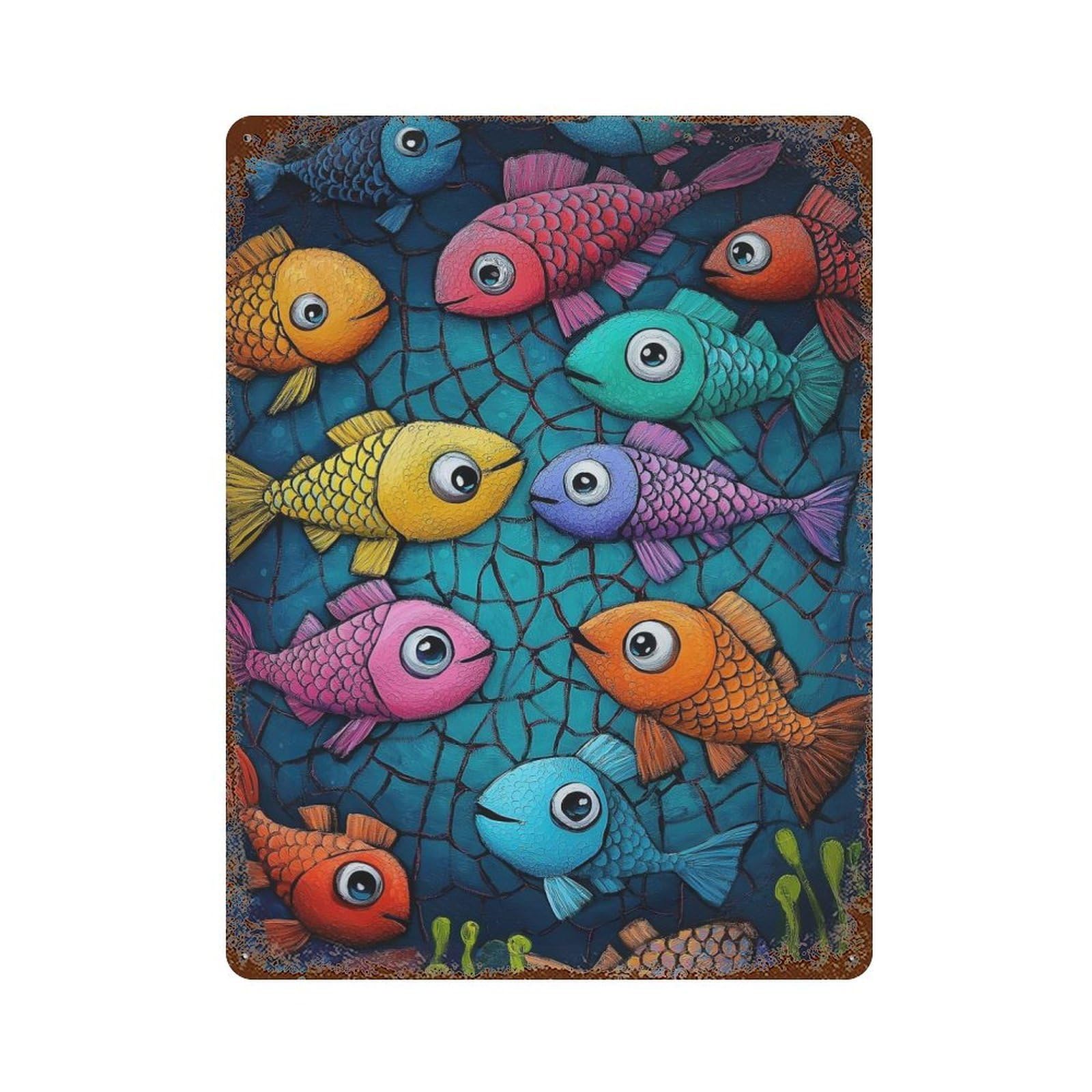 Colorful Fish Illustration Rusty Metal Tin Sign 15.7"x11.8", Industrial Home Decor for Garage, Pub Or Kitchen