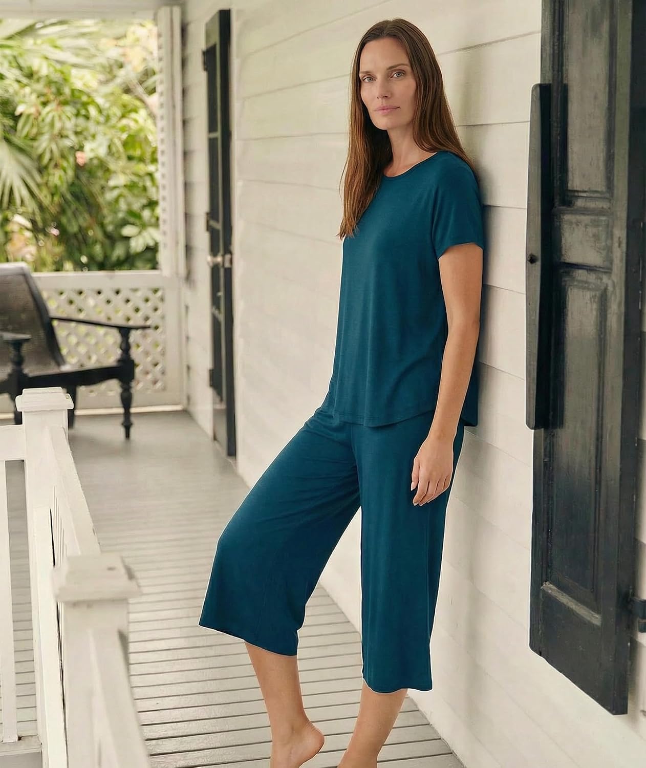 GYS Women's Pajama Sets Short Sleeve Top and Capri Pant Solid Color Sleepwear, Viscose from Bamboo