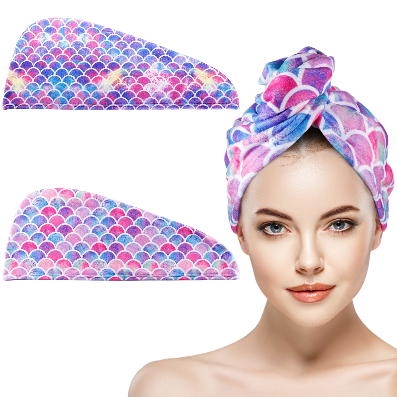 MADHOLLY2Pack Microfiber Hair Drying Towel- Super Absorbent Instant Hair Dry Wrap with Button Anti Frizz Soft Bath Shower Cap Head Towel for Girls Women Ladies Kids Long & Thick Hair Drying Quickly