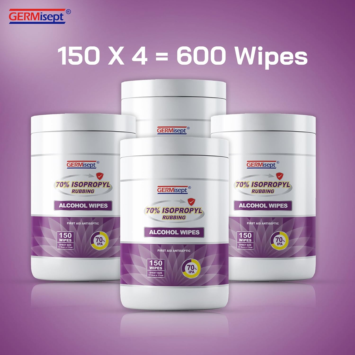 Germisept 70% Isopropyl Alcohol Wipes - First Aid Cleansing Cloths & Wipes - Bulk Buy (4 X 150 Canisters = 600 Wipes)