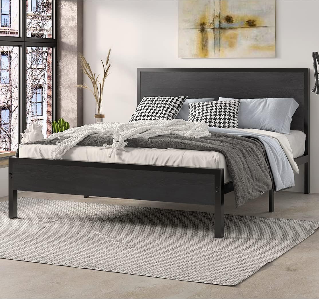 SHA CERLIN Full Bed Frame with Headboard, Heavy Duty Platform Bed with Under-Bed Storage, Solid Wood Slats & Metal Construction, No Box Spring Needed, Easy Assembly, Black Oak