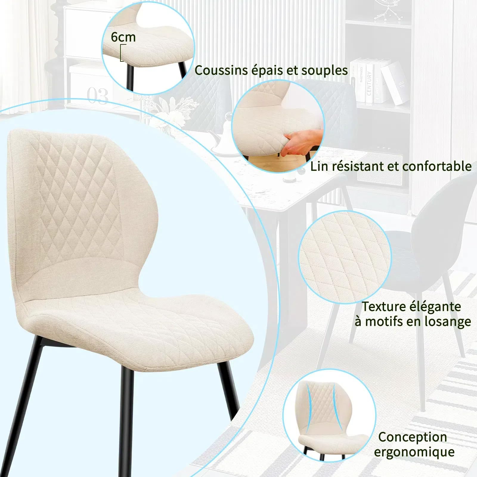JIJIAN Lot de 6 chaises de salle à manger, de cuisine, de salon, rembourrées, ergonomiques en lin, pour salle à manger, cuisine, chambre à coucher, réception, beige