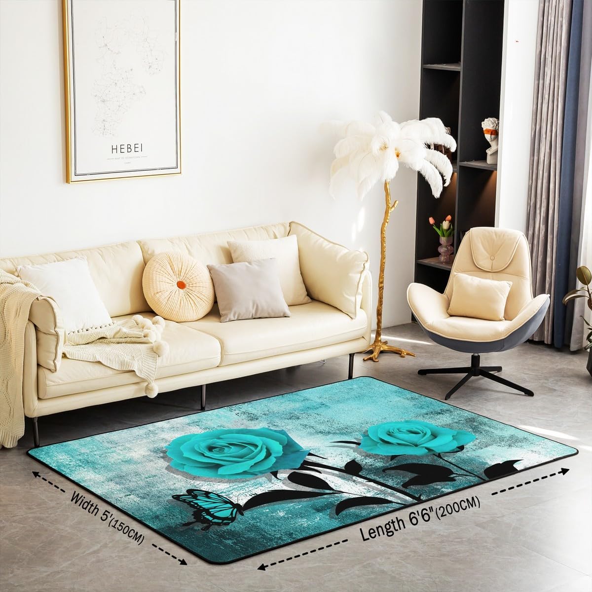 Teal Blue Area Rugs for Bedside, Turquoise Ombre Rose Bedroom Rugs for Kids Boys Girls Adult, Grunge Watercolor Non Slip Carpet, Vintage Contemporary Decorative Accent Rug Home Decorative, 5x6'6''