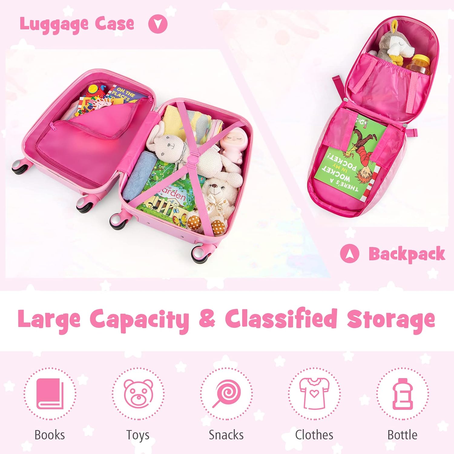 Goplus Kids Luggage Set, 12" & 18" Kids Carry On Luggage Set, Multi-directional Wheels Suitcase, Large Capacity Rolling Trolley Suitcase, Gift for Boys and Girls Toddlers Children Travel