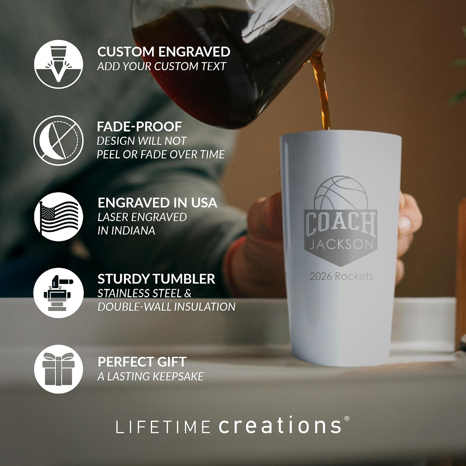 Lifetime Creations Personalized Basketball Coach Tumbler: Custom Basketball Coach Gift, Coaches Coffee Travel Mug from Team, Insulated Engraved Stainless Steel 20 Ounce Cup (White)