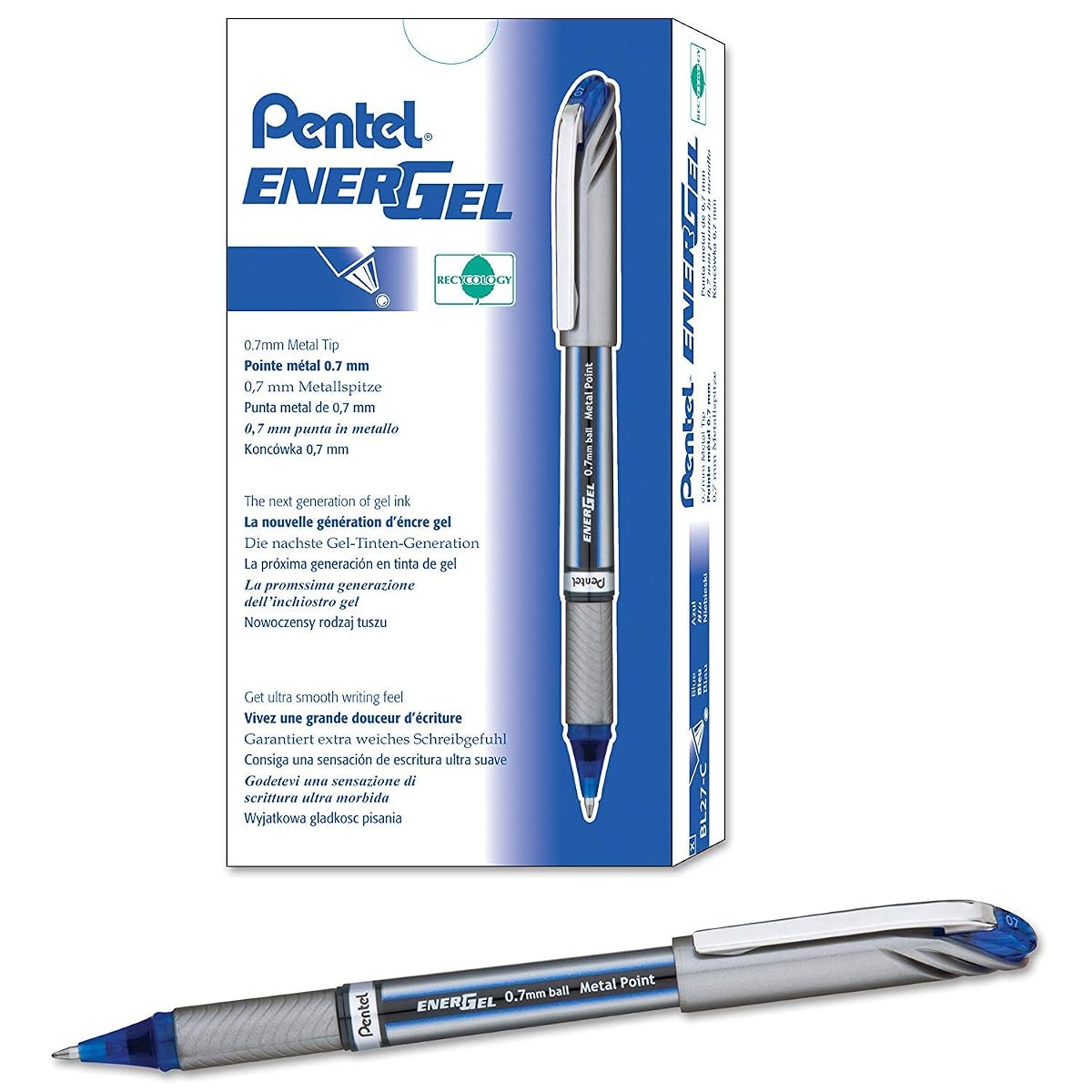 Pentel EnerGel NV Liquid Gel Pen, 0.7mm, Medium Line Capped, Metal Tip, Blue