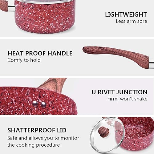 Miniatura 3 de CSK - Cacerola pequeña antiadherente de 3 cuartos con tapa con revestimiento derivado de granito, sartén para estufa, adecuada para guisar y hervir