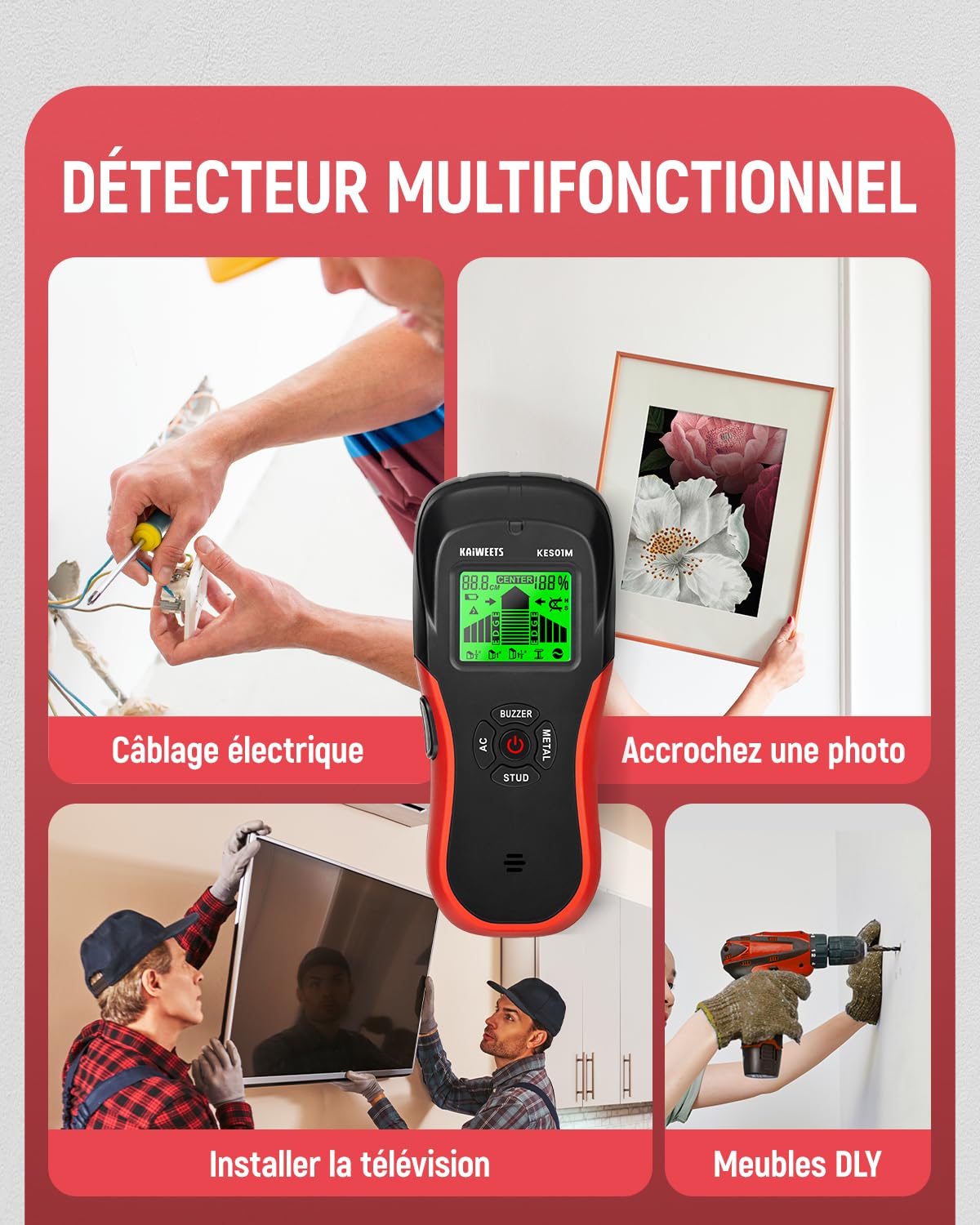 KAIWEETS Détecteur Mural, Détecteur de Construction Multifonction avec Écran HD LCD et Alarme Sonore, Scanner Mural pour Testeur de Bois, Métaux, Fil CA (Noir + Rouge)