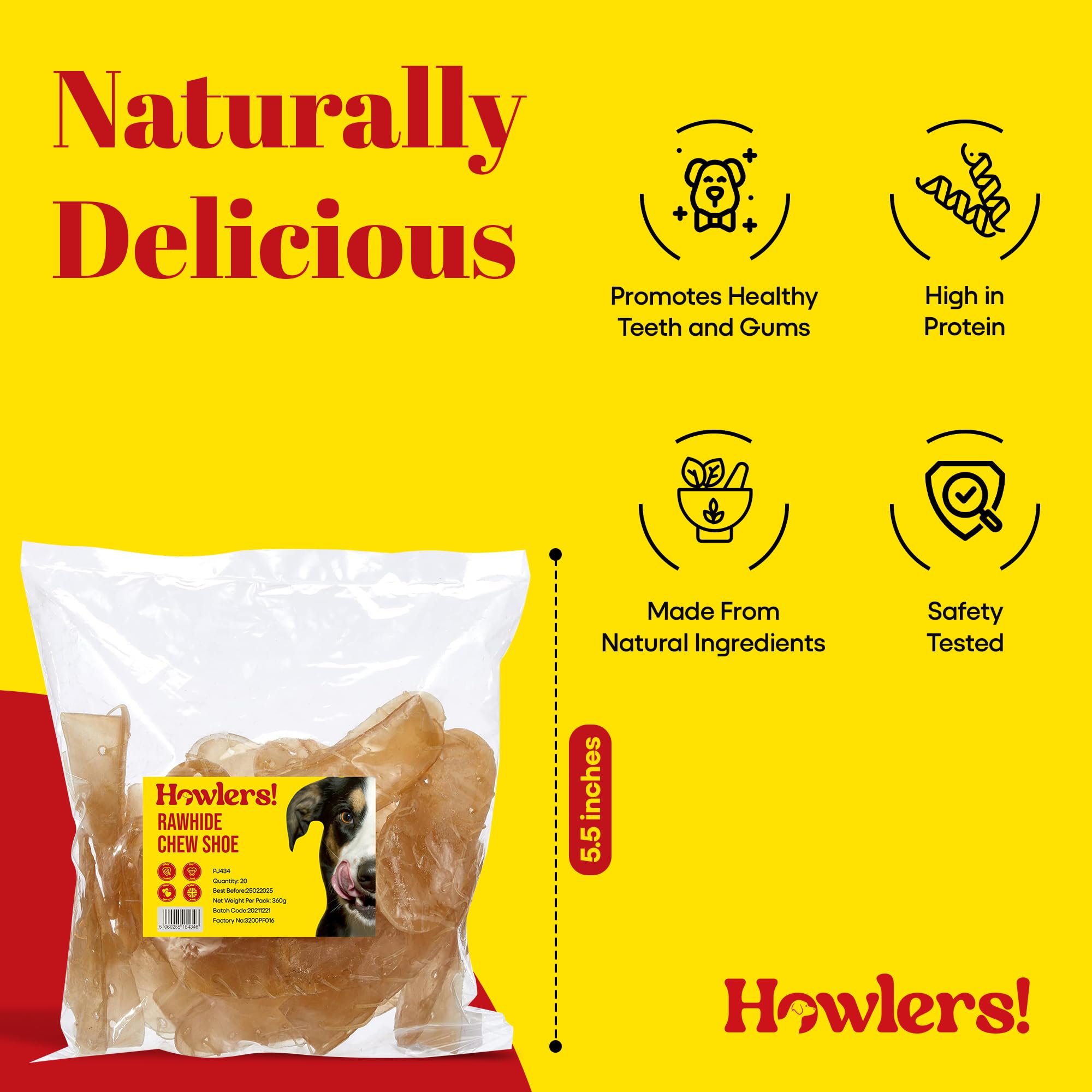 HOWLERS 12.5cm Pack de 20 Zapatos Masticables Naturales para Perros | Zapatos de Rawhide Hechos con 100% Piel Natural | Masticables de Larga Duración para Perros