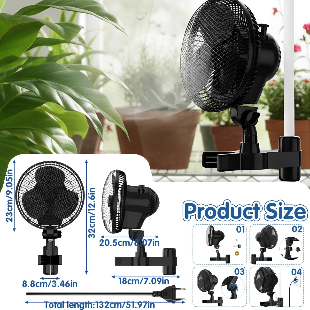 Grow Ventilator mit Clip EC-Motor, Grow Clip-Ventilator Klemmbar für Growzelt, 2 Geschwindigkeitsstufen, 20cm Durchmesser, 20W, 561m³/h Luftstrom, 32 dBA Perfekt Lüfter für Growbox