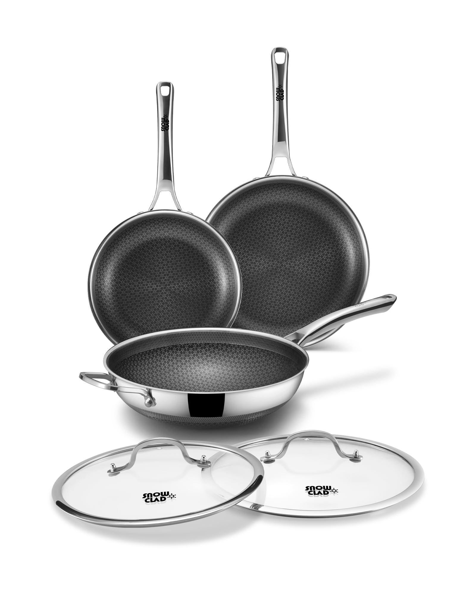 SNOWCLAD Wok 30 cm & Frying Pan 24+28 cm, Hybrid Wok Non Stick and Frying Pan Set, Non-Stick Pan with Lid, Stainless Steel Suitable for Induction, Suitable for All Hob Types