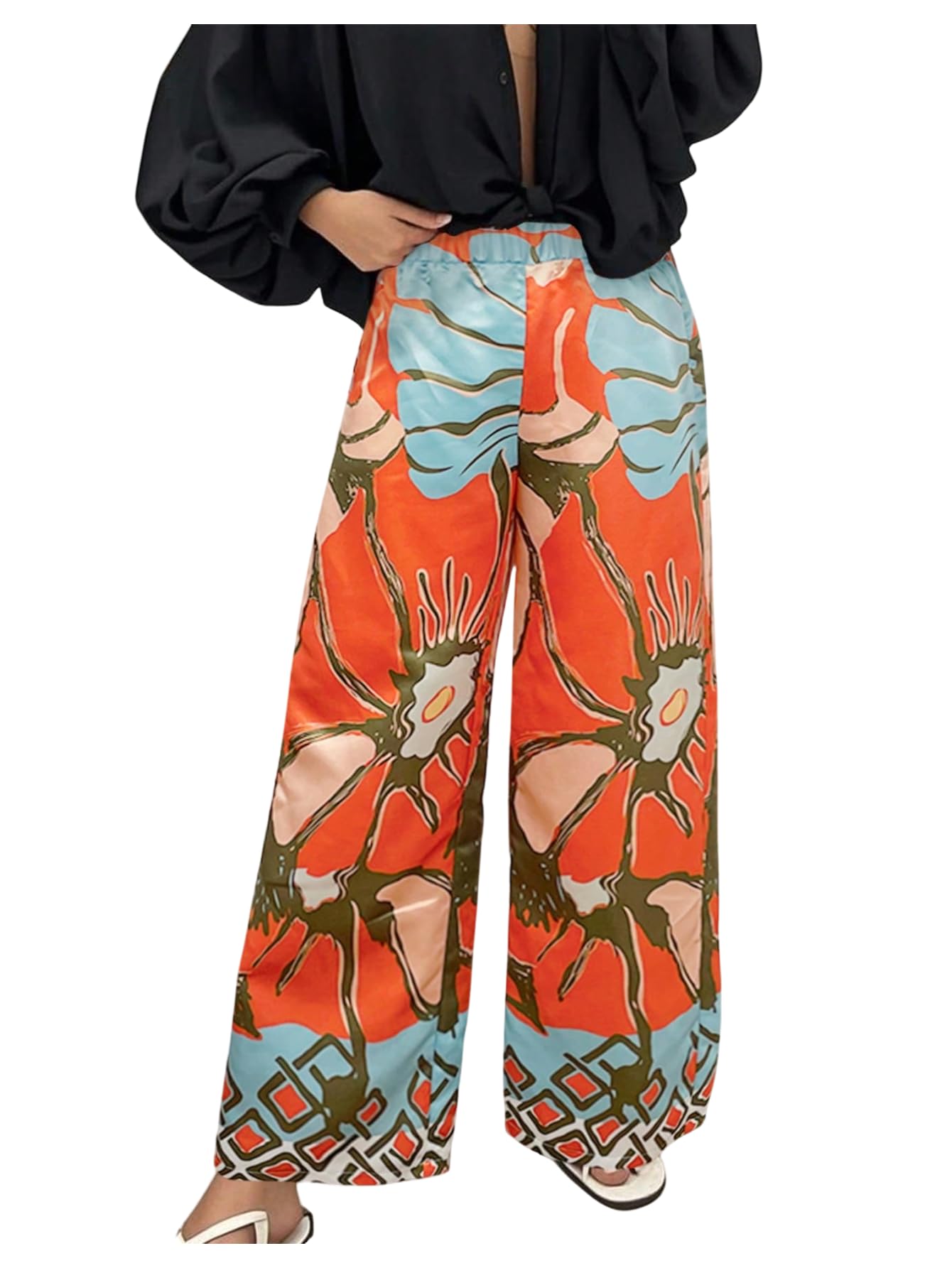 SweatyRocks Womens Boho Floral Print Baggy Palazzo Pants High Waist Wide Leg Long Trousers