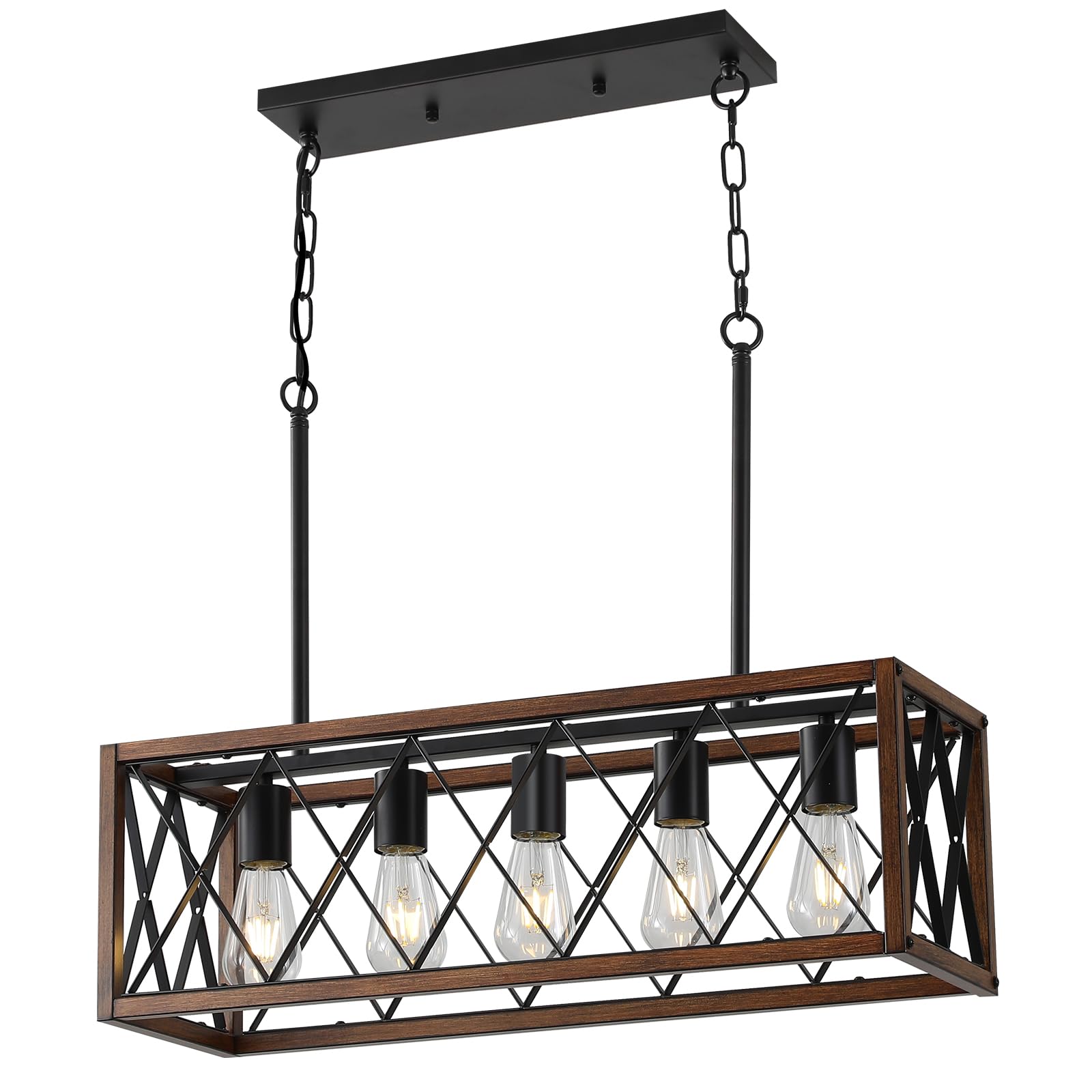 SEEBLEN Farmhouse Pendant Lights Kitchen Island, 39 Inch 5 Light Dining Room Light Fixture with Wooden Grain Finish, Height Adjustable Farmhouse Light for Dining Room Kitchen Bar Sink.