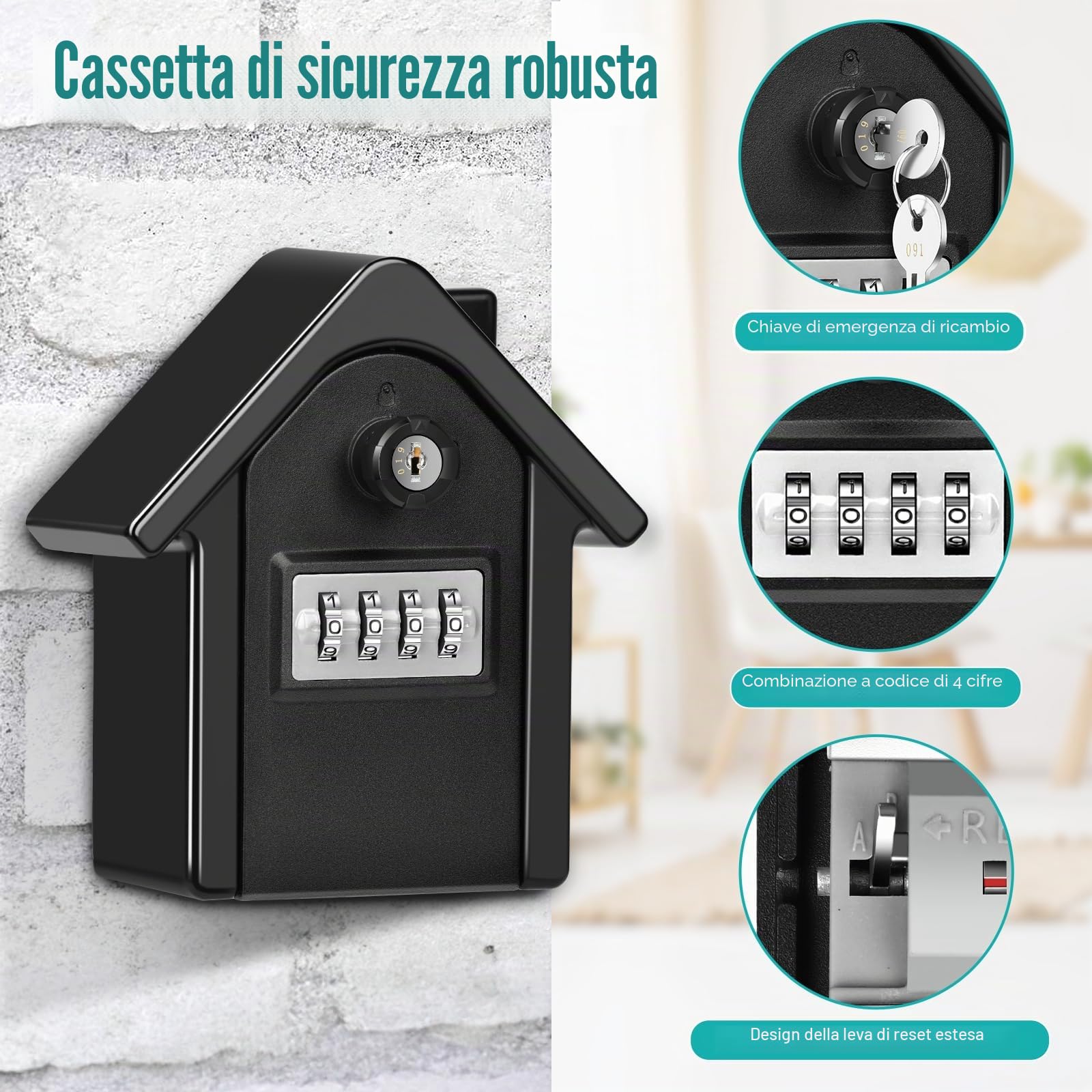 Cassaforte per Chiavi Grand Cassetta Chiavi Esterno Combinazione a 4 Cifre e Emergenza Chiave, Cassetta Sicurezza Chiavi Muro per Casa (Nero)