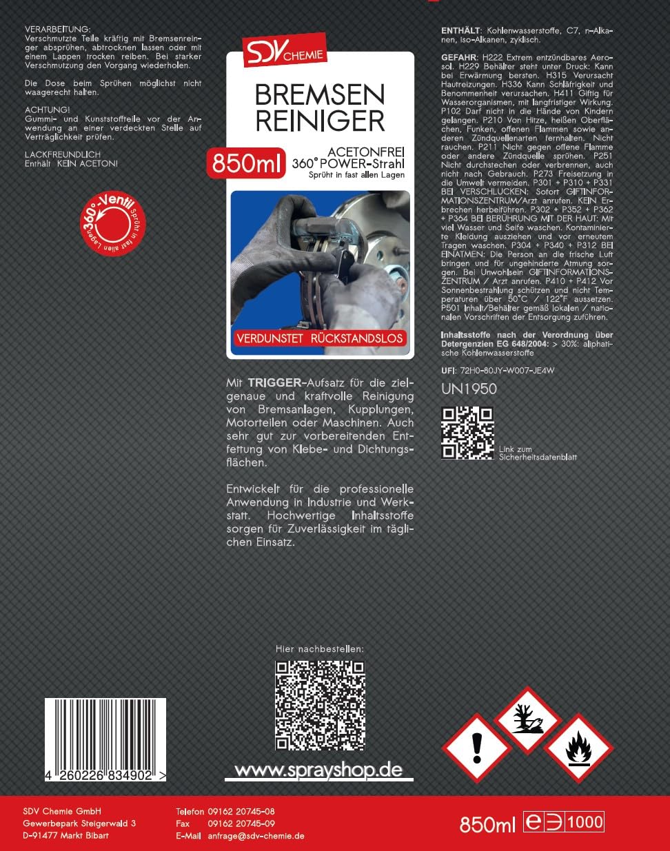 SDV Chemie Bremsenreiniger Spray 12x 850 ml Power Brake Cleaner | 360° Ventil, Trigger Sprühkopf