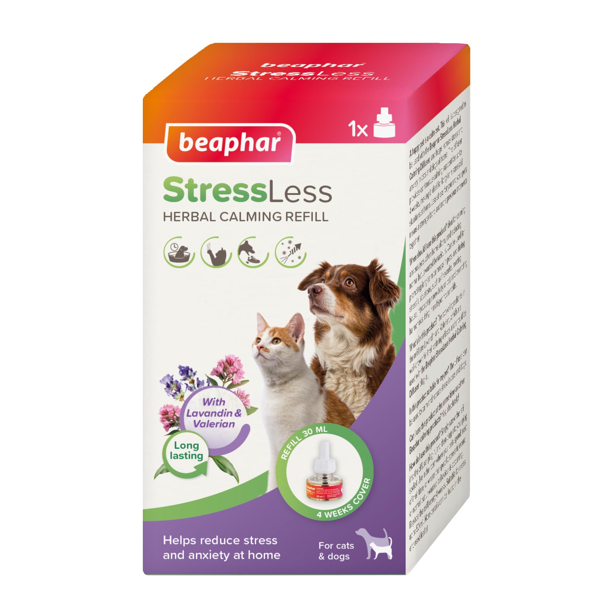 Beaphar – StressLess Herbal Calming Refill for Plug-In Diffuser – For Cats & Dogs - Reduces Stress & Anxiety at Home – With Valerian & Lavandin – 4 Weeks Calming – 1x 30ml Refill