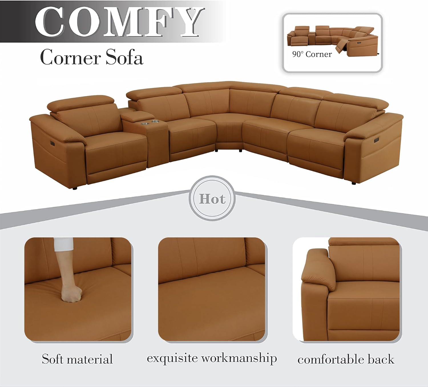 Breathable Leather Power Recliner Sectional, Reclining Sectional Couch with Adjustable Headrest&Storage Console, 5 Seat L Shaped Recliner Sofa for Living Room (Oragne)