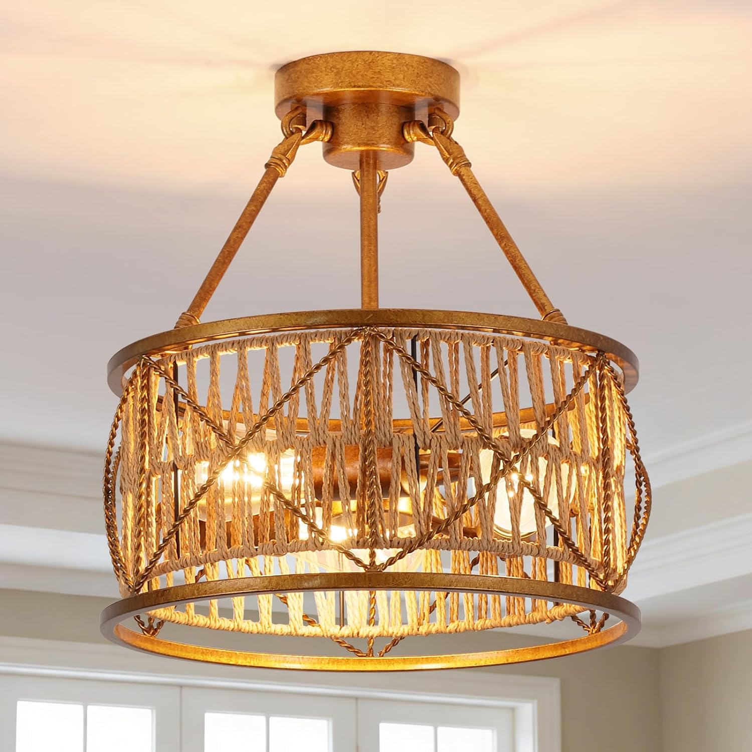 3-Light Hand Woven Black Rattan Ceiling Light, Farmhouse Bohemian Dual Round Semi Flush Mount Chandelier, Distressed White Metal Frame for Dining Room Kitchen Bedroom Living Room Coastal