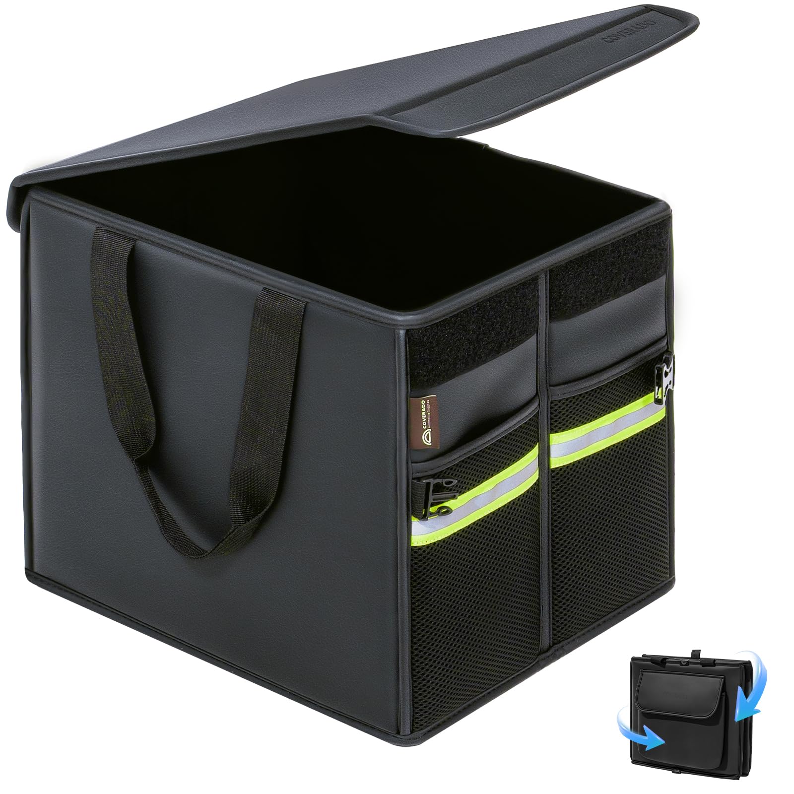 Coverado Borse per bagagliaio auto - Pelle Nappa Organizzatore auto 30L Auto Stoccaggio Scatola Portaoggetti per SUV/Camion, Pieghevoli & impermeabile, Multicompartimenti, Divisori & Fissare 2 cinghie