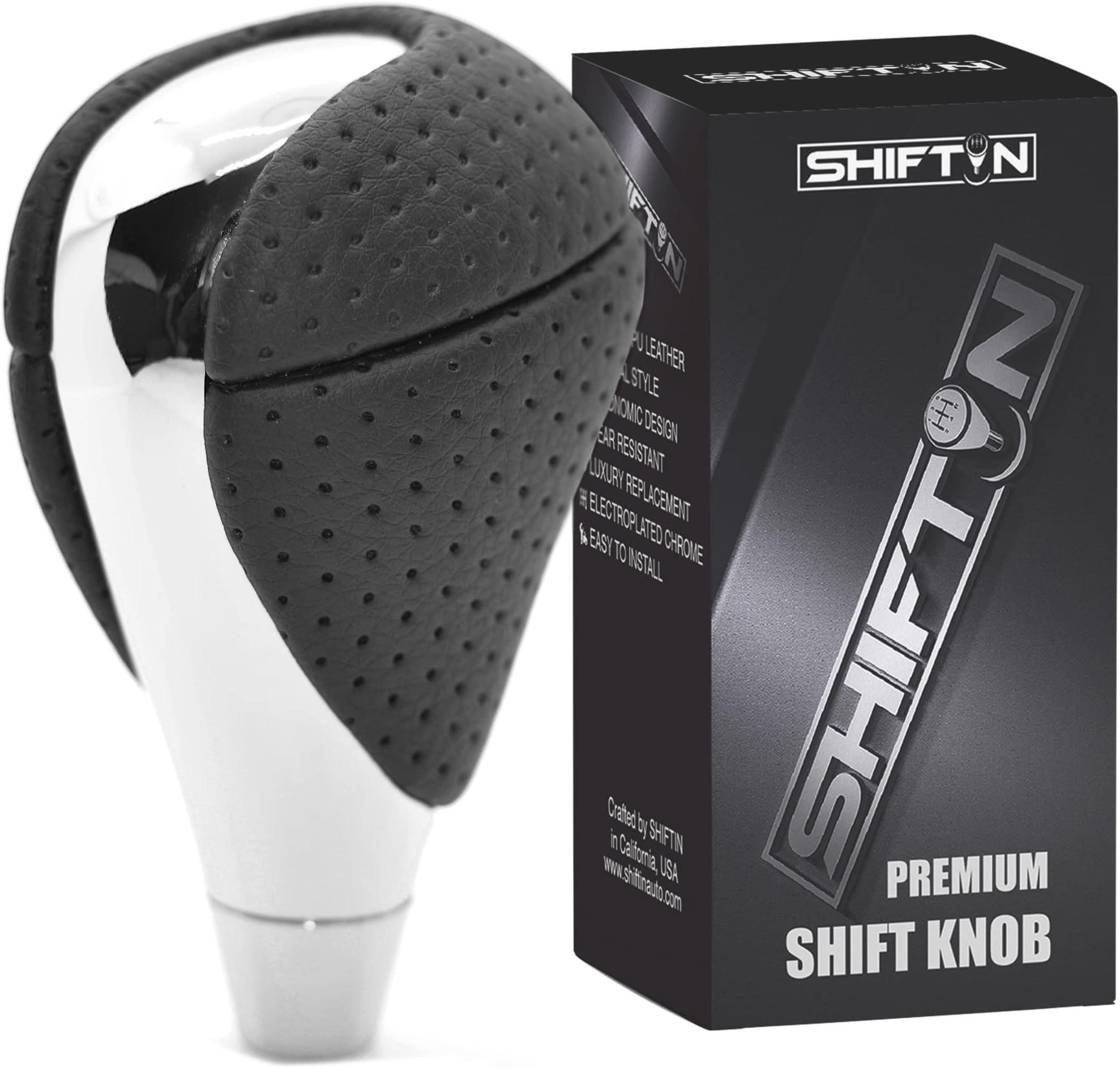 Perforated Leather Chrome Gear Shift Knob Stick Shifter for Lexus ES300h ES350 GS300 GS350 GS430 GS450h GS460 is-F IS250 IS300 IS350 LS460 LS600h RX350 RX450h (Punched Black Leather/Chro