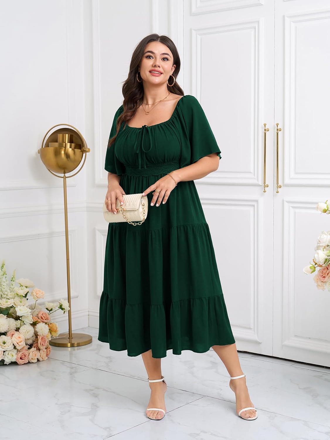 SCOMCHIC Women's Plus Size Summer Dresses Square Neck Short Sleeve A Line Wedding Guest Cocktail Boho Flowy Maxi Dress - Image 5