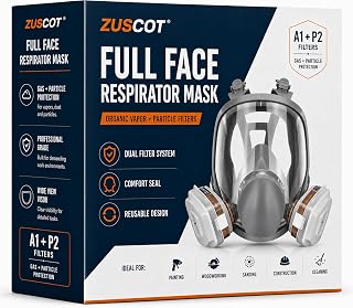 Full Face Respirator Mask with A1P2 Filters, Reusable Organic Vapor and Particle Protection Mask, Wide View Anti-Fog Safety Mask for Painting, Woodworking, Sanding, Spraying, Construction and Cleaning