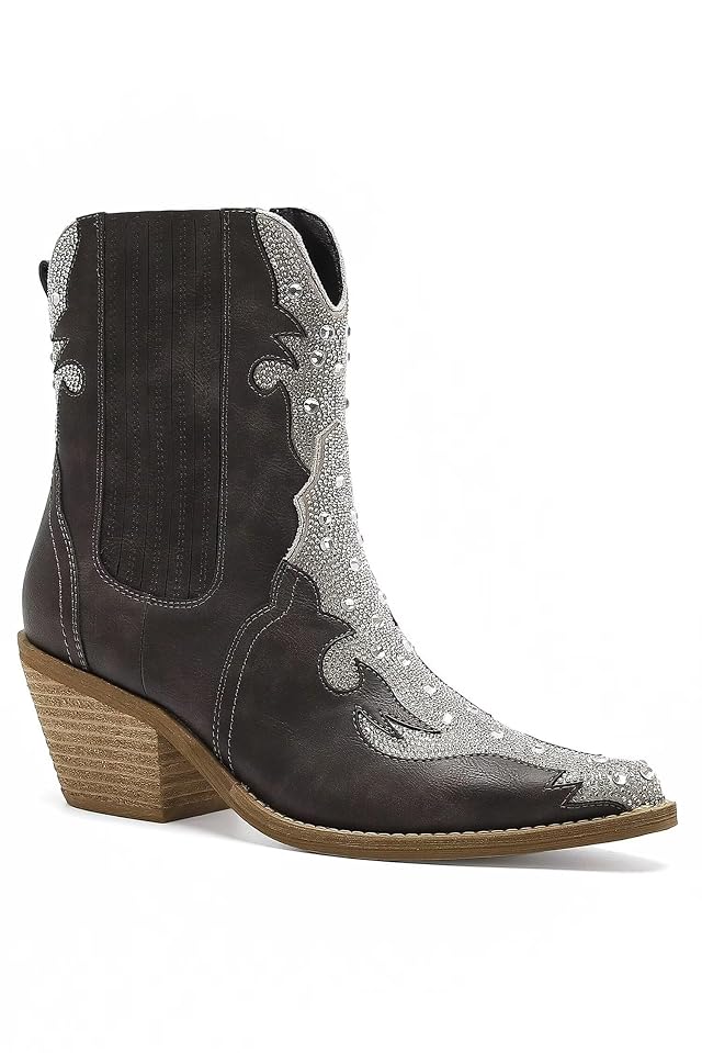 Womens Embellished Western Booties Cowboy Boots Cowgirl Boots Pointed Toe Boots Stacked Block Heel Boots
