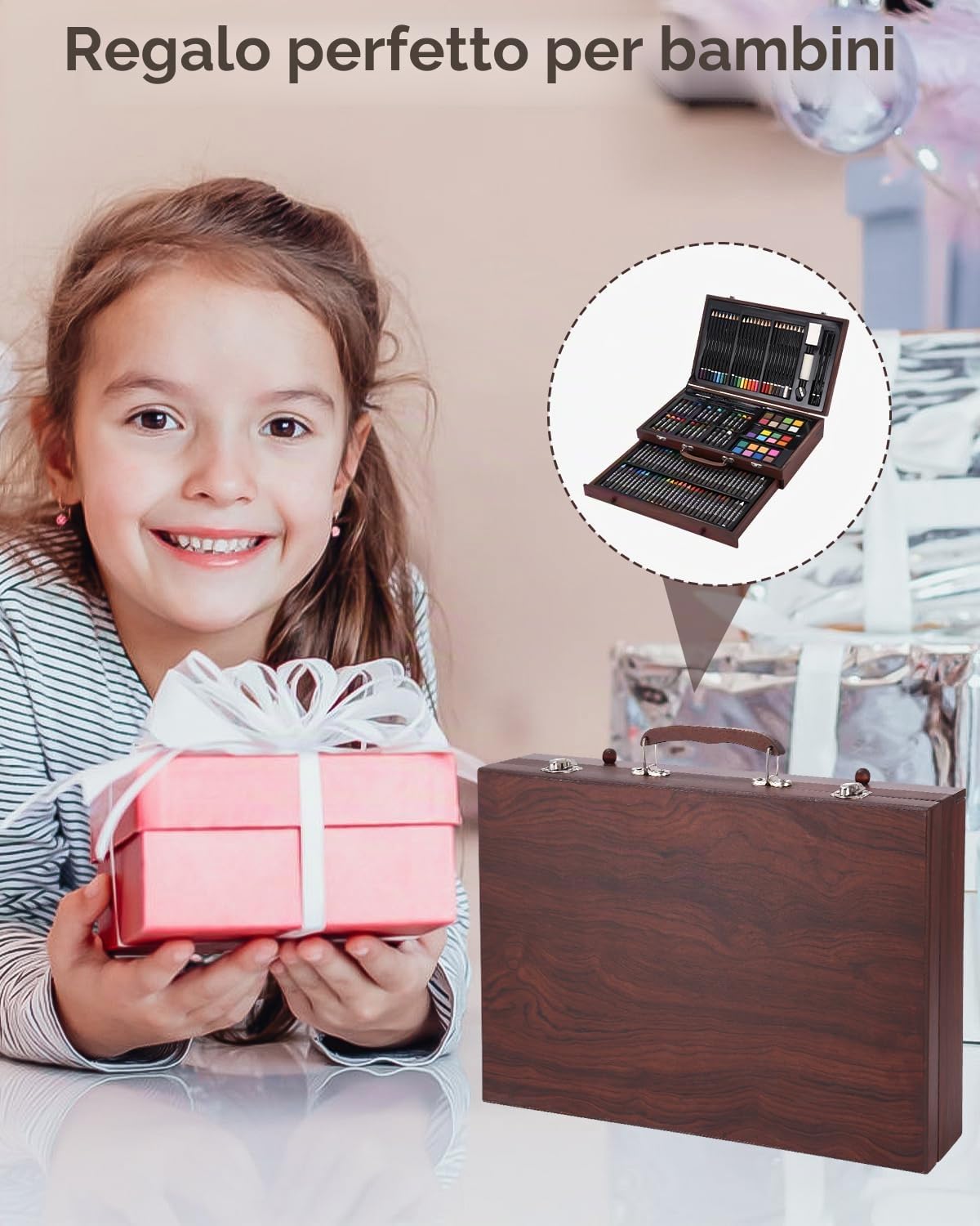 Valigetta Colori per Bambini, 140 Pezzi Kit Pittura, Matite Colorate Pastelli a Cera Acquerelli Pastelli a Olio, Set Colori Valigetta Disegno per Bambini Adulta,Marrone