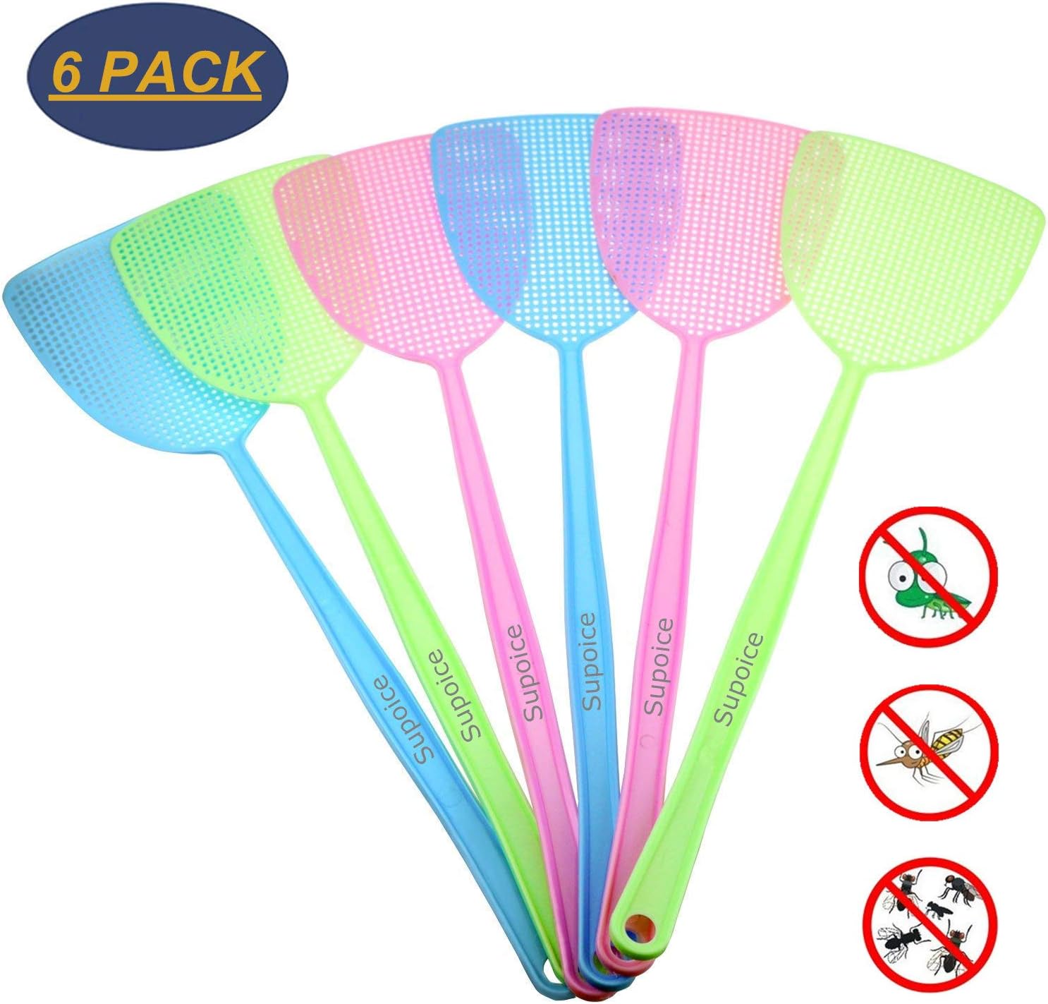 6 Pack Fly Swatter Manual Swat Pest Control Plastic with Long Handle Assorted Sweet Colors