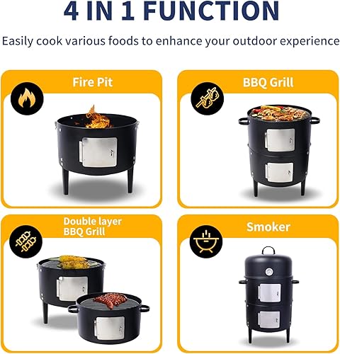 Miniatura 4 de Ahumador vertical de carbón de 17 pulgadas, parrilla de barbacoa, hoguera, 3 en 1 con termómetro integrado, ventilación de aire ajustable, ideal