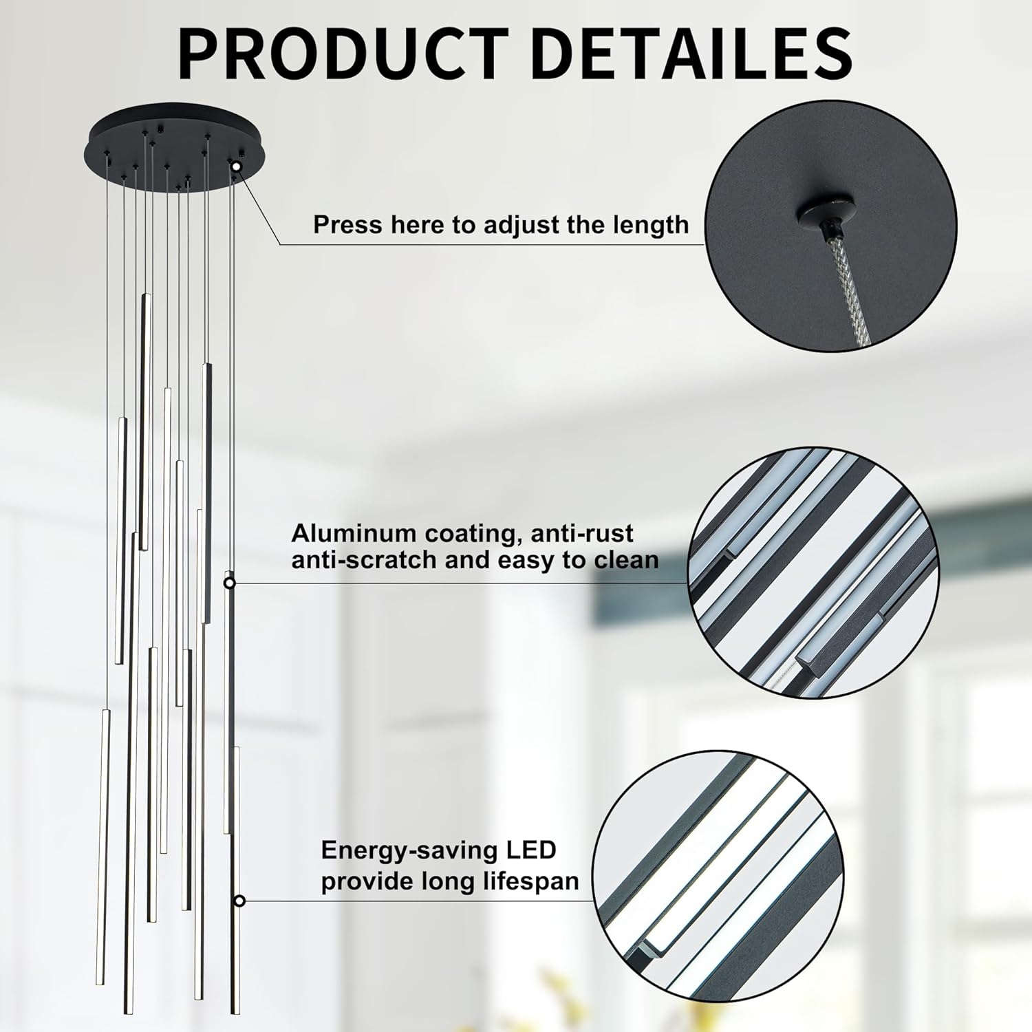 118" Modern LED Chandelier, Clustered Led Pendant Light, 12-Lights Dimmable High Ceiling Large Hanging Lighting Fixture for Loft Villa Living Room Stairs Foyer (Black-80W-12 Lights)