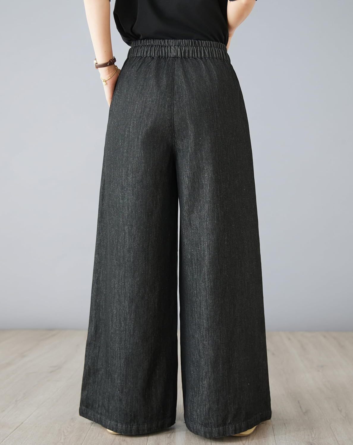 LAI MENG FIVE CATS Women's Casul Baggy Jeans Drawstring Elastic Waist Wide Leg Loose Denim Pants - Image 3