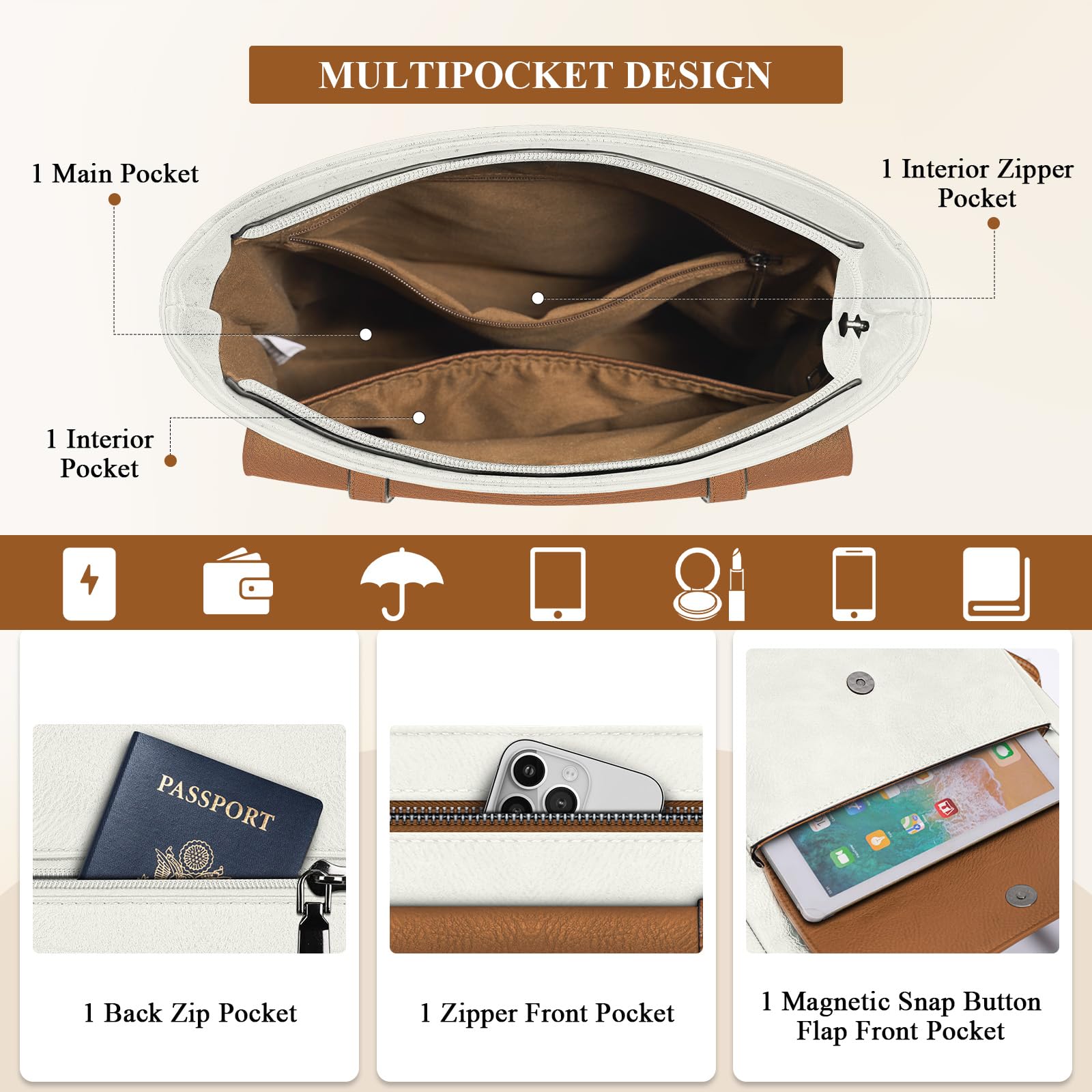 RAINSMORE Bolso Bandolera Mujer Mediano Bolsos de Mujer Bolsos Bandolera Bolso Cruzado de Cuero PU con Correa Ajustable para Viaje Trabajo Compras Blanco y Marrón