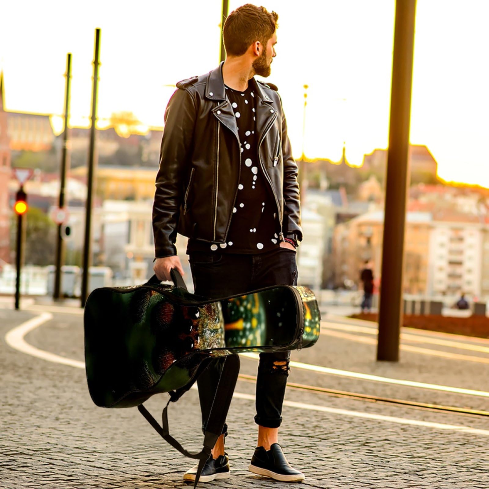 43 Zoll Akustikgitarre Softcase mit Rucksackgurt und 2 Taschen Grüne Spinne, Keine Polsterung Rucksack Wasserdicht Oxford Tuch Bassgitarre Gigbag für Konzertgitarre, Mehrfarbig 1
