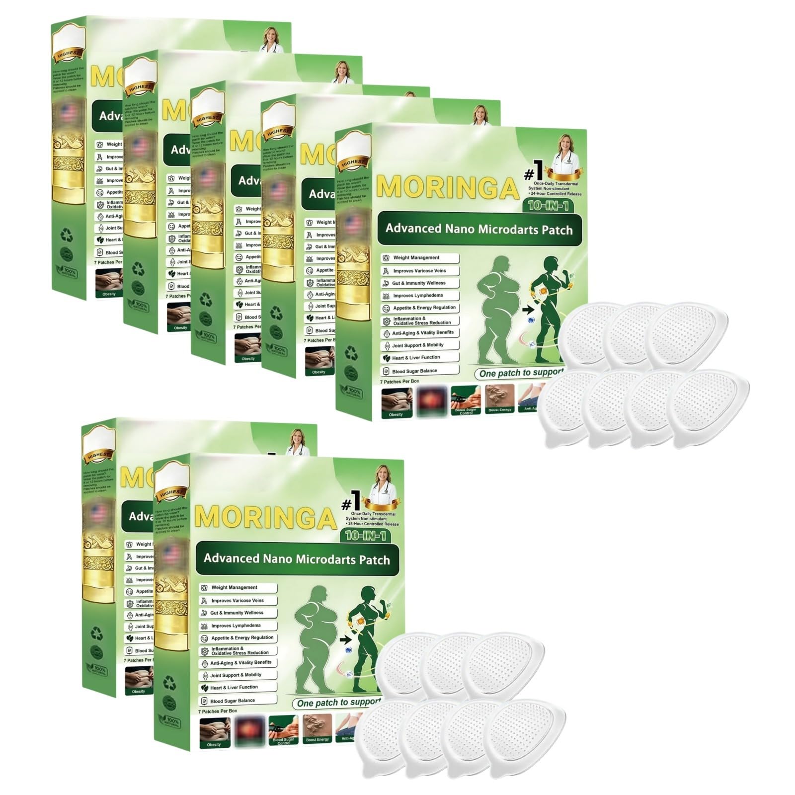 Moringa 10 in 1 Patches,Advanced Nano Microneedle Patch, Patch dimagrante naturale per perdita di peso, pancia piatta, facile da applicare, invisibile, da uomo e donna, patch per tutti i tipi di corpo