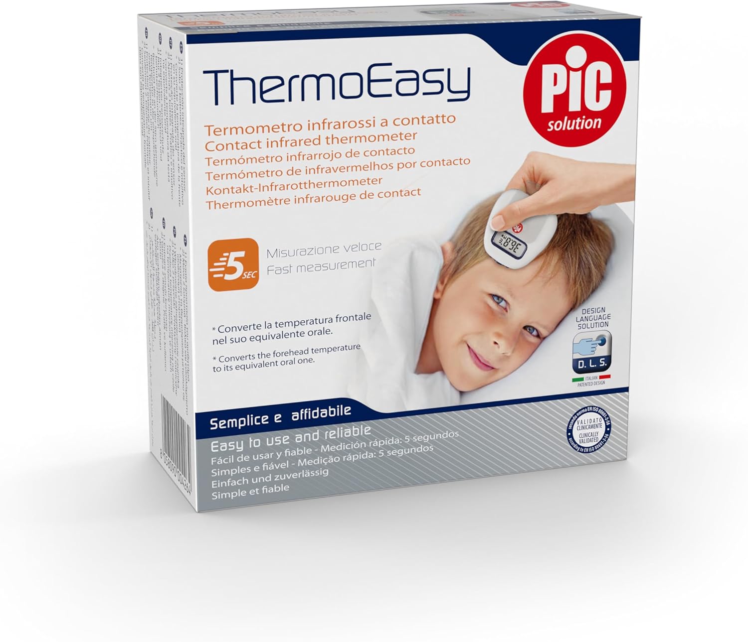 Pic Solution Thermoeasy thermometer in its packaging, showing a child having their temperature taken.