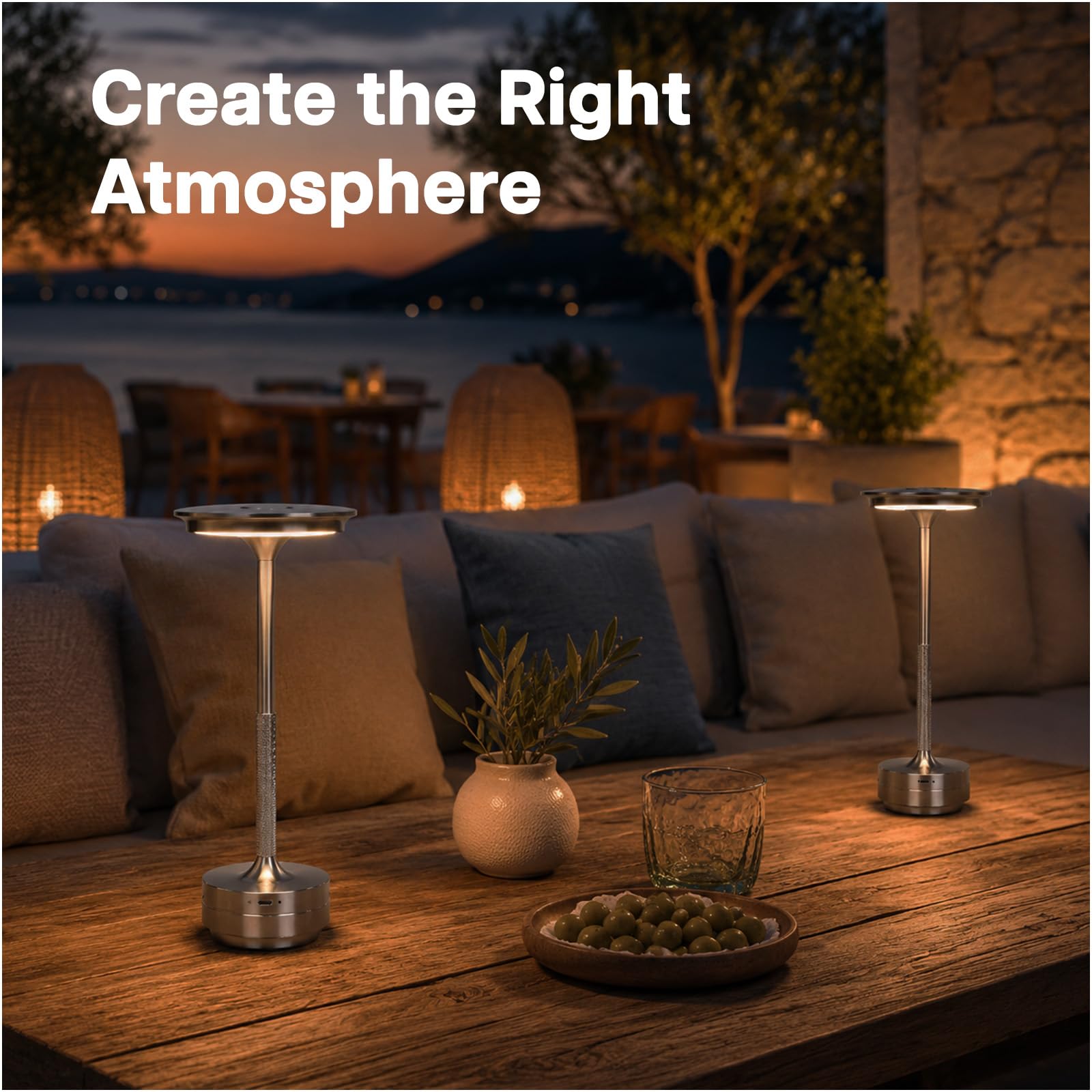 MMOBIEL Lampada da Tavolo Senza Fili Lampada LED Tondo in Metallo Ricaricabile – Touch Control, Dimmer a 3 Colori, Batteria 1800mAh, USB-C – Camera, Patio, Interno/Esterno – 2 Pezzi – Argento