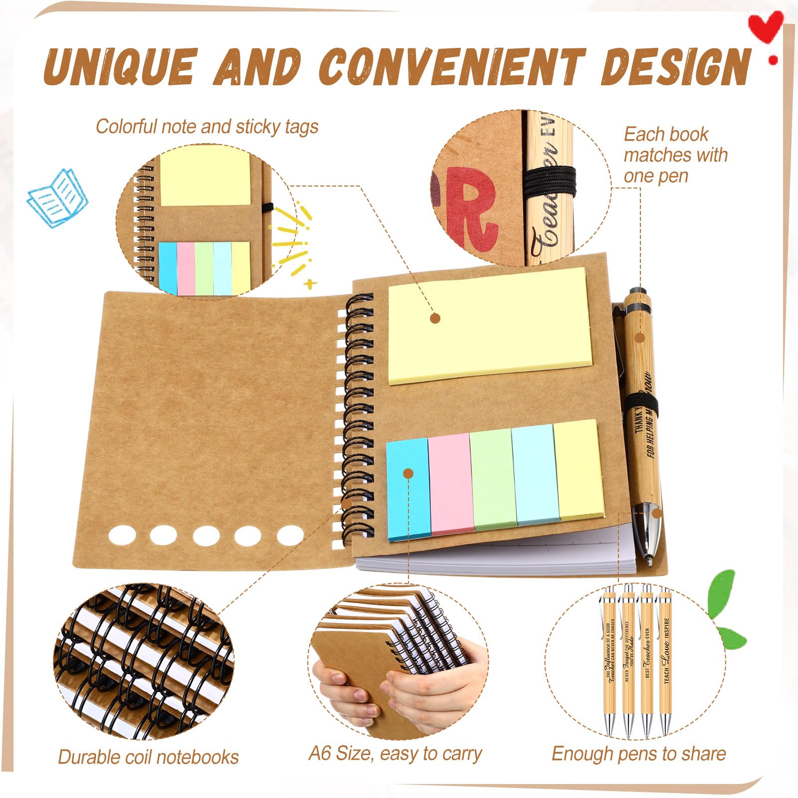 Resurhang 24 set di regali di apprezzamento per insegnanti da studenti, quaderni a spirale per insegnanti con copertina in carta kraft con note adesive colorate bandiere penne a sfera in bambù