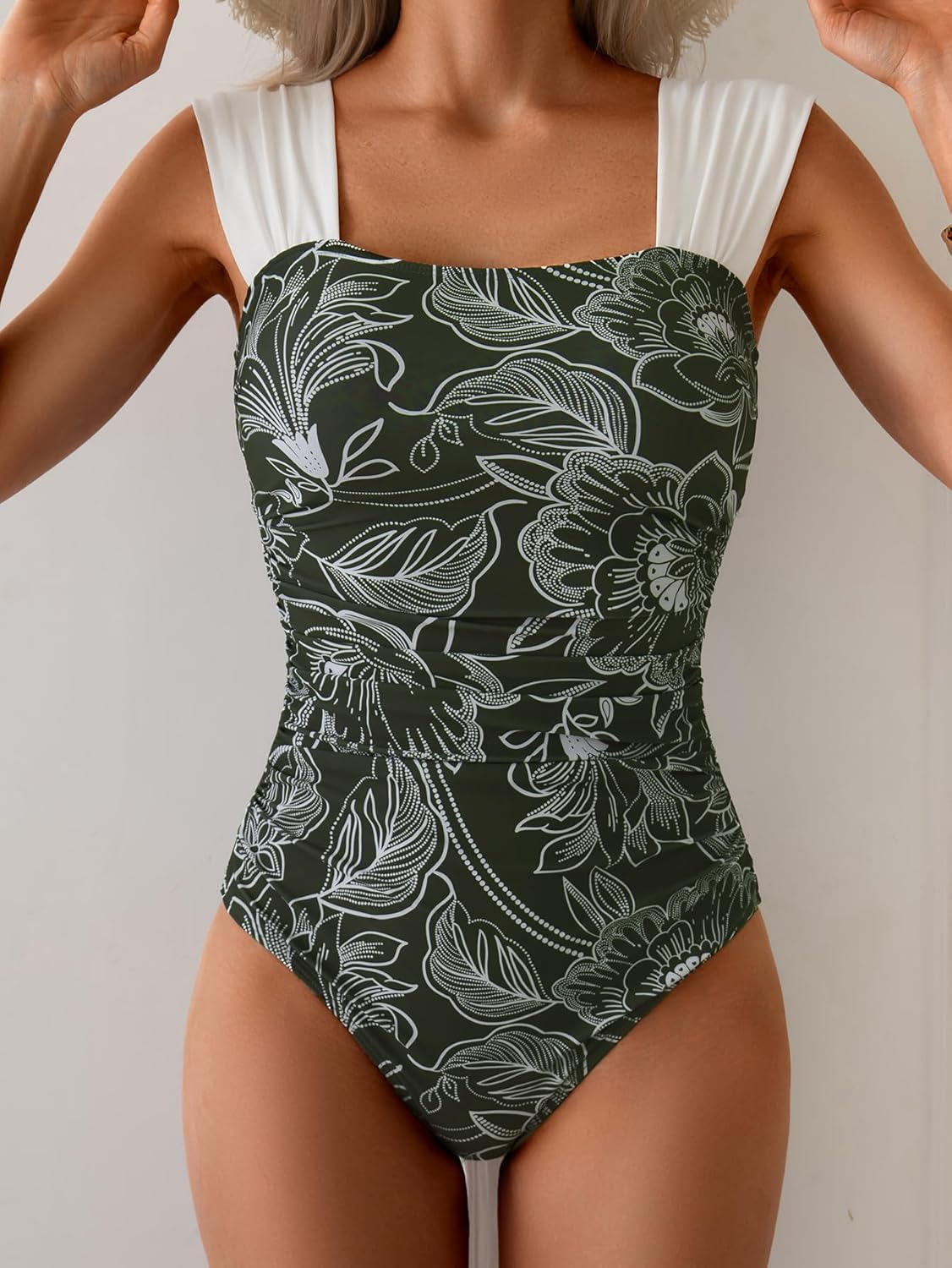 B2prity Womens One Piece Swimsuit Retro Square Neck Tummy Control Bathing Suits Ruched Modest Full Coverage Swimwear - Image 3