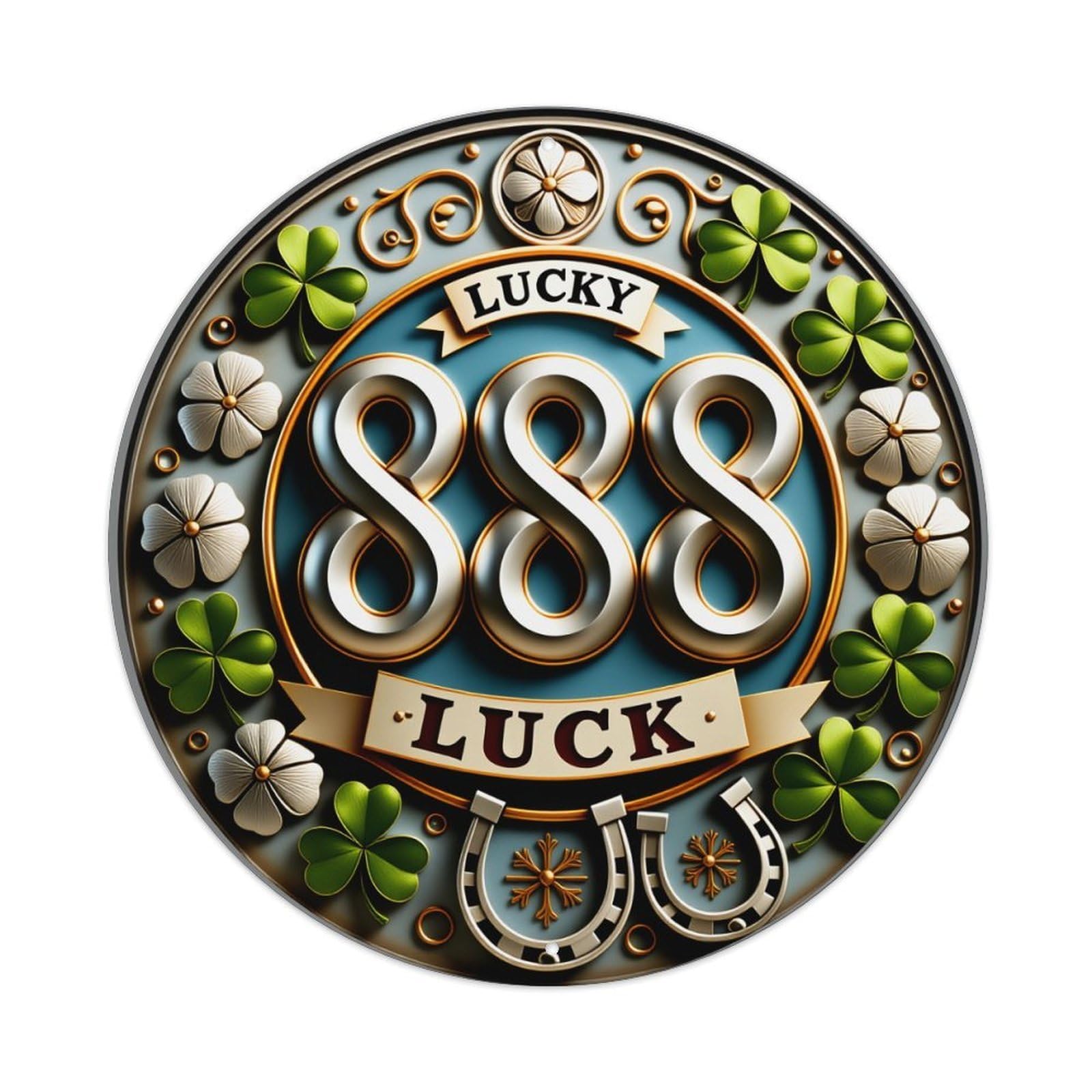 Lucky Eight Eight Eight Luck Clover Horseshoe Flower Pattern Round Vintage Tin Sign,Retro Wall Art,Metal Poster for Home, Bar, Garage, Cafe, Rustic Indoor & Outdoor Decor, 8x8 Inches