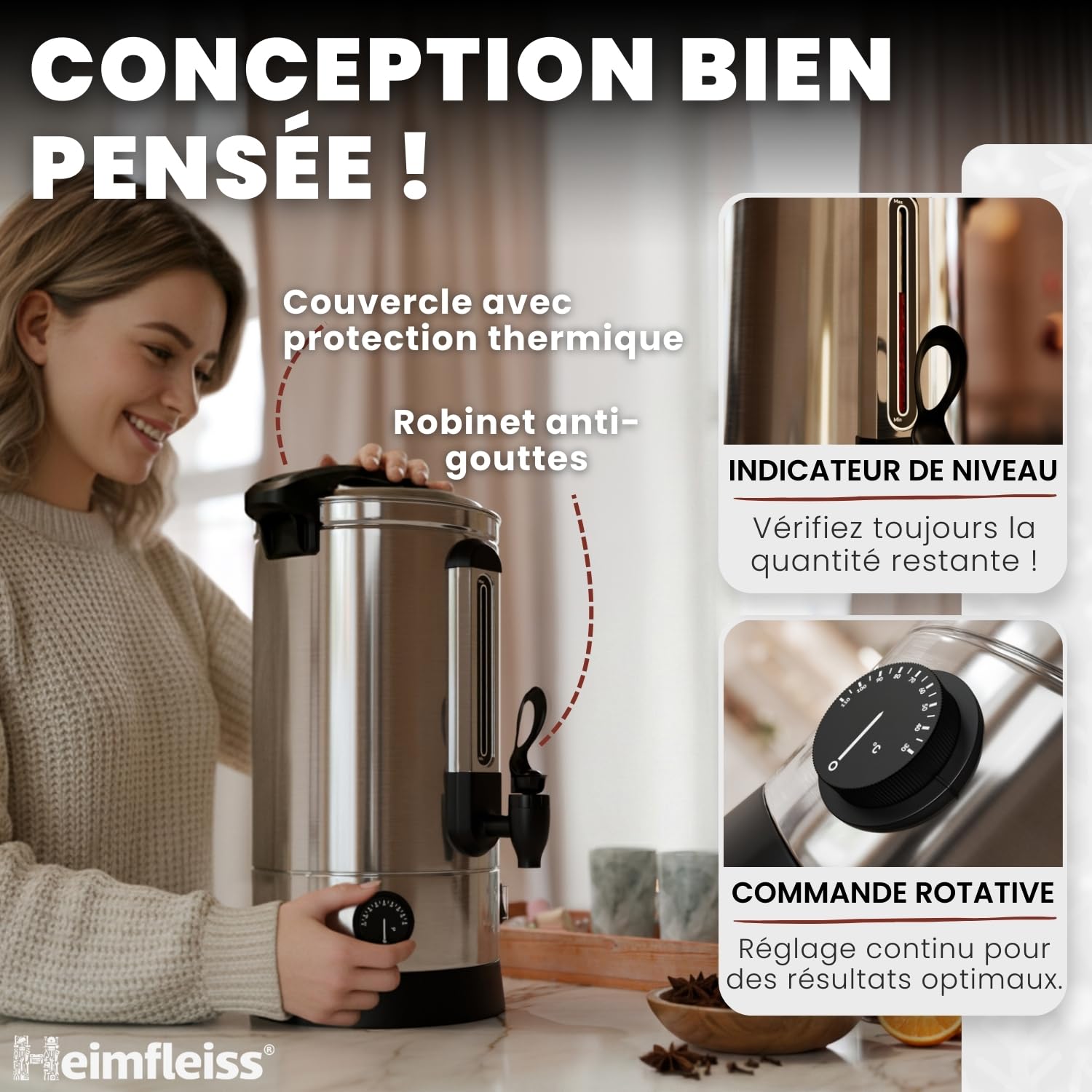Heimfleiss® Machine à Vin Chaud 10 L en Acier Inoxydable 1500 W | Marmite à Vin Chaud avec Robinet, Thermostat et Protection Surchauffe | Distributeur Eau Chaude et Boissons Chaudes | Argent