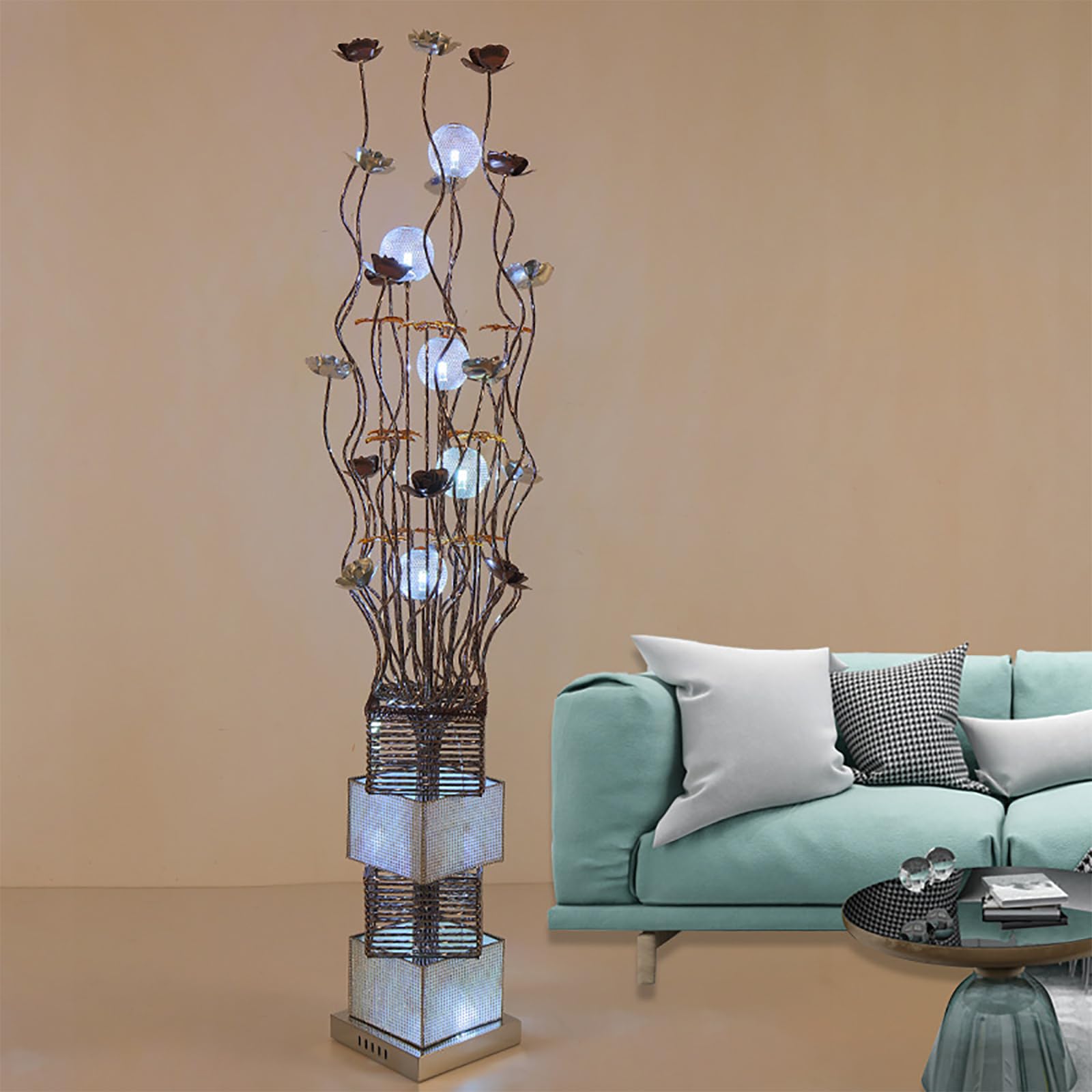 Lampadaire d'arbre design fleur en aluminium avec vase en cristal LED moderne pour chambre
