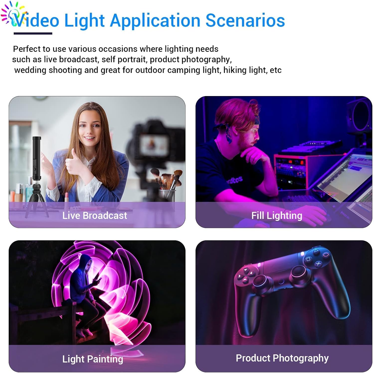 Four examples of the LUXCEO P100 light wand in various application scenarios: live broadcast, fill lighting, light painting, and product photography.