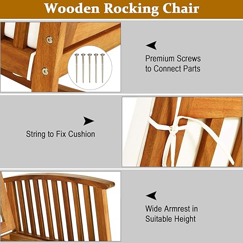 Miniatura 7 de DORTALA Mecedora de madera de acacia para exteriores, mecedora de madera con cojines lavables desmontables, balancín para porche, jardín, patio,