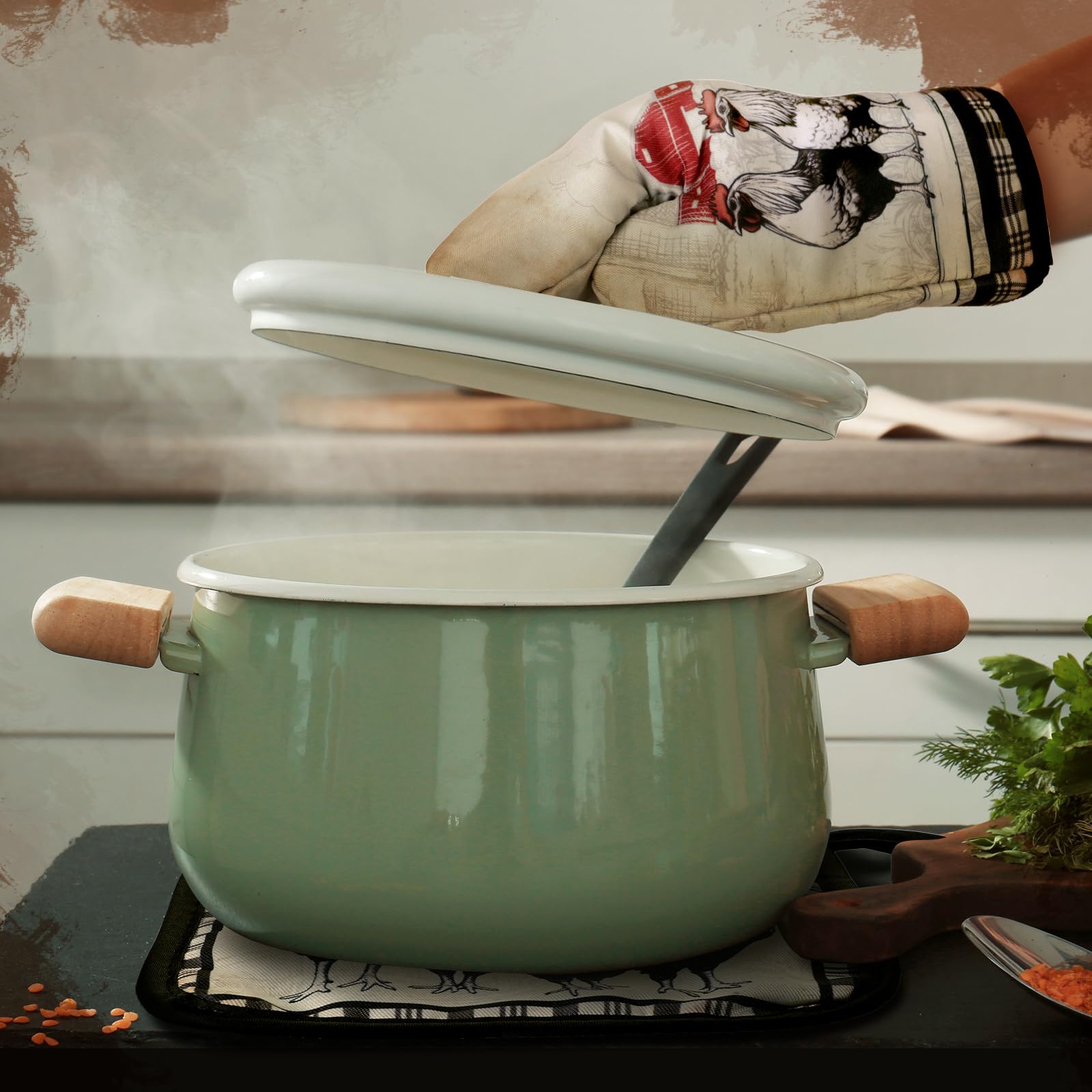 Leinuosen Juego de 6 manoplas de horno y soportes para ollas, toallas de cocina absorbentes para cocinar, hornear y asar (gris retro)