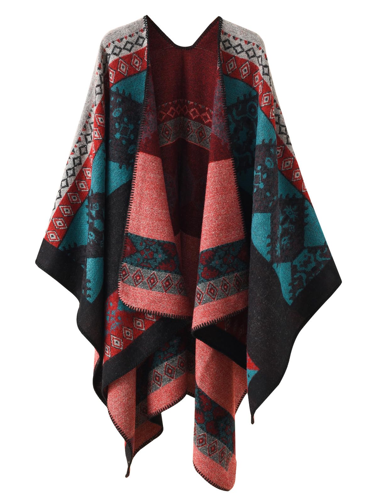 Femme Poncho Châle Ouvert Cape Imprimé Wrap Manteau Echarpe Epaisse Poncho Rétro Cardigan Foulard Automne Hiver