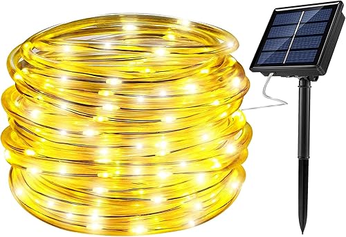 Oluote Tira de luces solares para exteriores, 33 pies, 100 luces LED impermeables con panel solar para exteriores, hogar, jardín, fiestas,